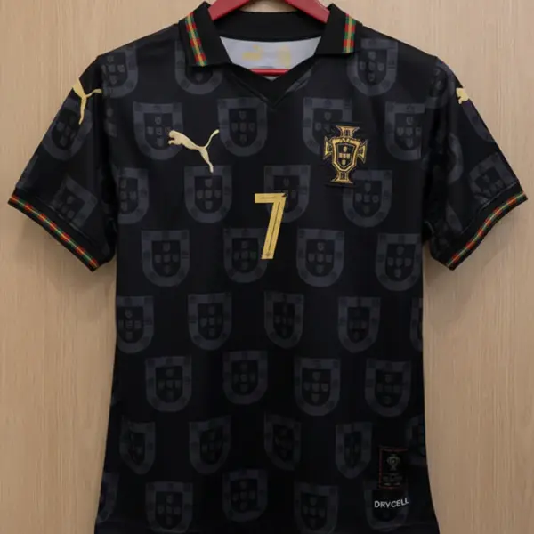 RONALDO 7 PORTUGAL BLACK SPECIAL EDITION SHIRT EMBROIDERED LOGOS